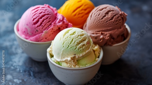 Various ice cream scoops in bowls over black stone background. Top view with copy space