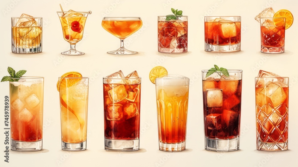 Set of different alcoholic cocktails. Alcoholic drinks in glasses with orange, lemon, grapefruit, cherryini, tequila sunrise and others. Cartoon style Set of different alcoholic cocktails. Alcoholic drinks in glasses with orange, lemon, grapefruit, cherryini, tequila sunrise and others. Cartoon style