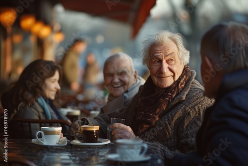 An older male with a distinctive look enjoying coffee with company outside