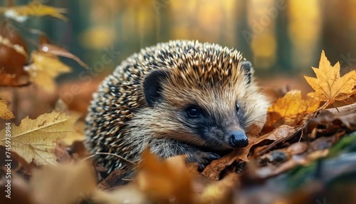 Hedgehog preparing for Hibernation in Autumn - Hedgehog awakening from Hibernation in leaves