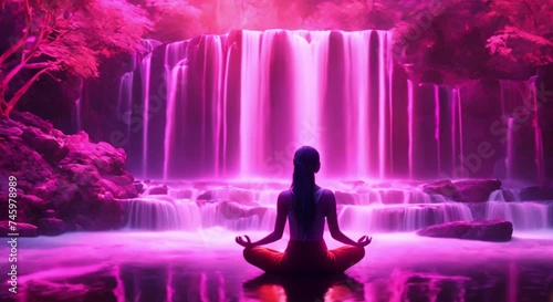 Yoga women near a waterfall. Magenta color effect, Meditational mind relaxing, meditation background photo