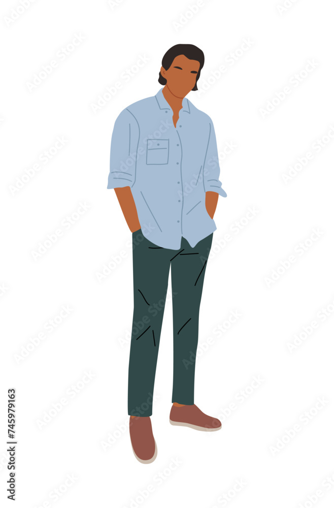Stylish young man wearing summer smart casual office outfit. Handsome Business man character standing in modern clothes. Vector realistic people illustration isolated on transparent background.