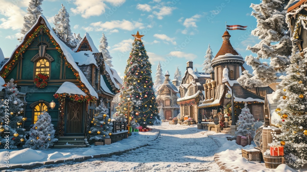 Enchanting Christmas Village: 3D Rendering of Winter Wonderland with Snow-Covered Houses and Merry Christmas Tree Celebration