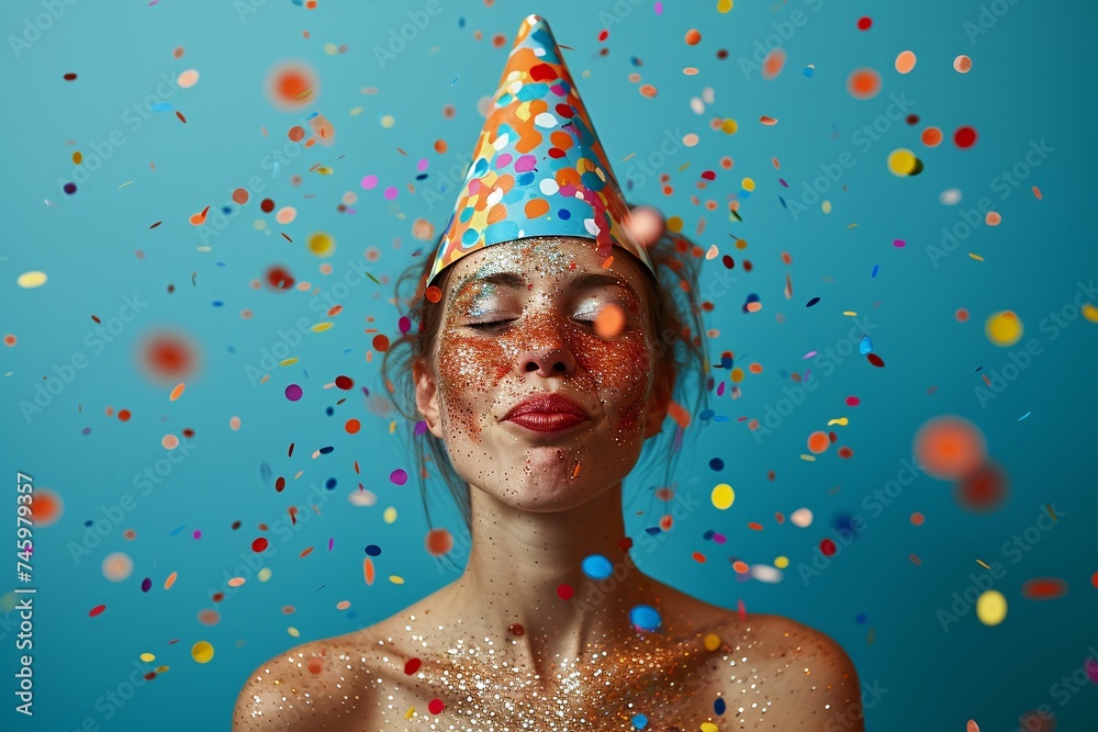 An anonymous person covered in glitter, wearing a party hat among a burst of colorful confetti, celebrating a joyous moment - obrazy, fototapety, plakaty 