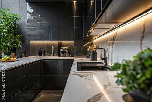Stylish and Luxurious Kitchen Interior with Black Furniture, White Marble Countertop, and Backsplash photo