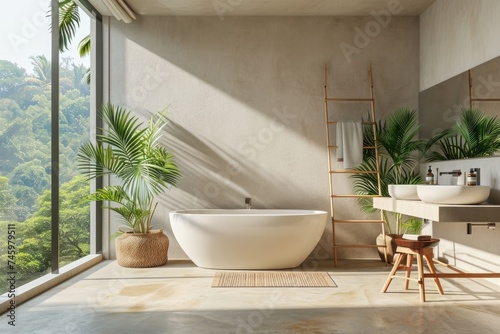 Tranquil Tropics: Luxurious Hotel Bathroom Interior with Panoramic Window, Beige Concrete Floor, and Empty Wall for Design Mockup © AIGen