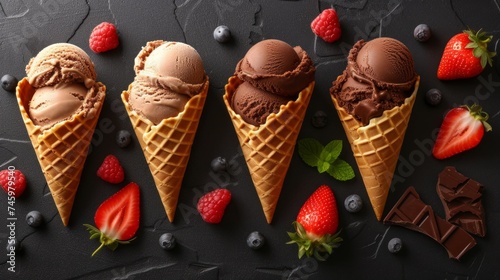 Close up of tasty ice cream with berries in waffle cones on black background, colorful flavors photo