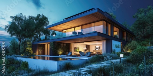 Modern Nighttime Luxury: Solar-Powered Home with Pool in Lush Surroundings © AIGen