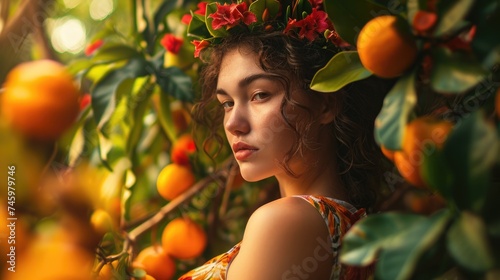 Artificial Intelligence-Generated Image of Attractive Woman in Tropical Garden with Exotic Fruits