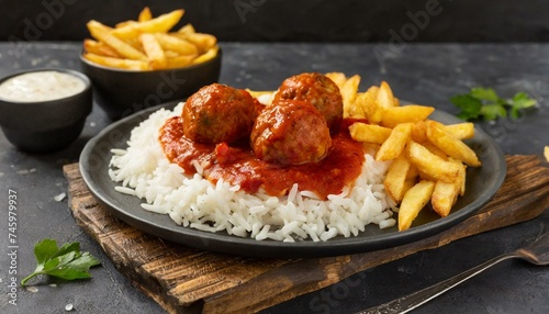 Beef meatballs in tomato sauce. Cooked white rice and French fries in the composition.
 photo