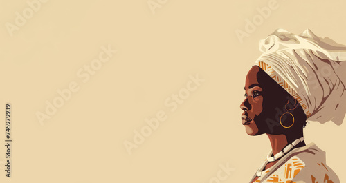 Black woman in traditional clothes isolated on a beige background, copy space