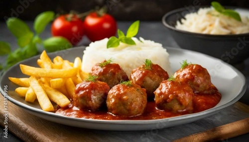 Beef meatballs in tomato sauce. Cooked white rice and French fries in the composition.

