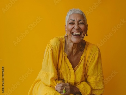 photo of an elderly woman, half East African and East Asian, still bright green-yellow admiring eyes and a beautiful face, casually styled gray short-cropped hair, laughing