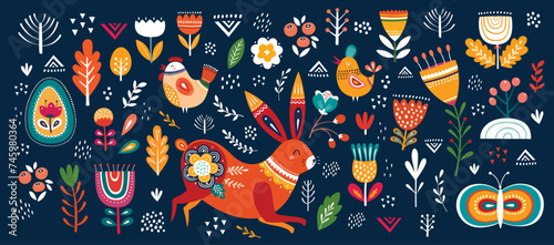 Vector Easter spring collection with easter rabbits, egg and flowers. Happy easter greeting elements. © moleskostudio