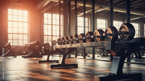 Gym interior background of dumbbells on rack in fitness and workout room  photo
