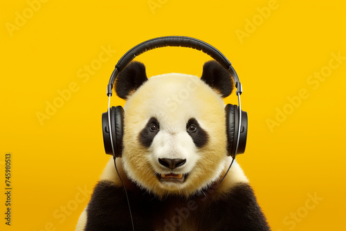 a panda, panda with headphones listening to music, yellow background