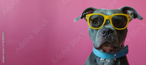 fashionable dog adorned in trendy sunglasses set against a vibrant pink background. dog confidence and sophistication. Banner copy space. for fashion magazines, pet-related adv