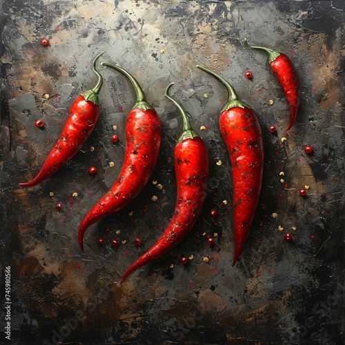 A close-up view of bright red chili peppers on a rustic, dark surface with peppercorns, representing hot and spicy