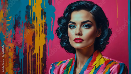 Pop art portrait with vibrant colors. Celebrity figure. Painting exhibited in a modern gallery. A pop culture-themed poster. 