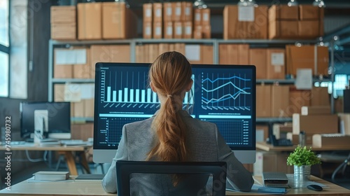 Woman in a business suit is sitting at a table with a huge monitor with a sales growth chart on the screen, and large and small boxes around her. Generative AI.