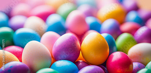 Vibrant and colorful Easter eggs background. Top view