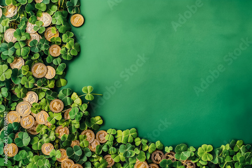 St Patricks Day celebration concept with shiny gold coins, lucky clovers, vibrant green background