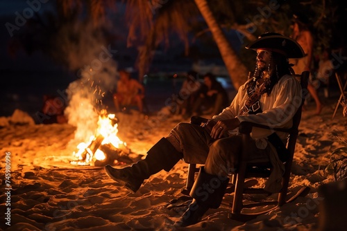 Pirate sits by a fireplace on a beach resembling Nassau