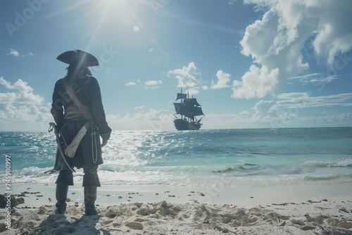 Pirate marooned on an island watches his Galleon ship sail away