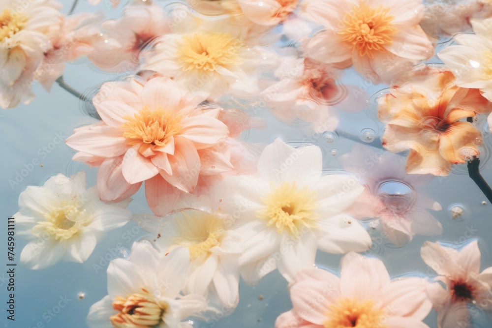 aesthetic photo of pastel peach color flowers floating on the water surface horizontal background