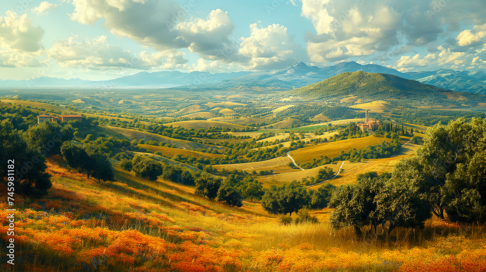 Landscape of a valley in the mountains with a small town and a villa, travel to Italy, concept for poster and tourism advertising