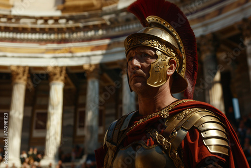 Roman centurion stands in the coliseum of Ancient Rome