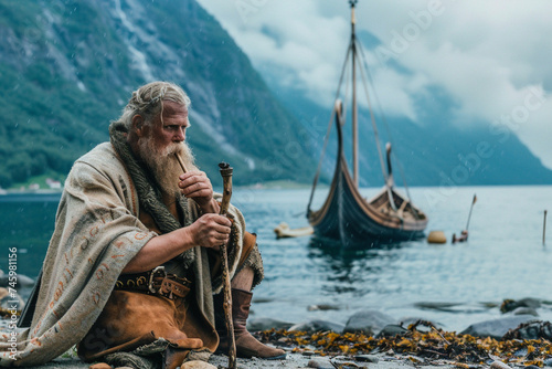Viking sitting on a Nordic beach in front of a Viking longship photo