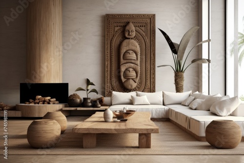 african style minimal luxury interior living room with sofa or couch, coffee table and art on the wall