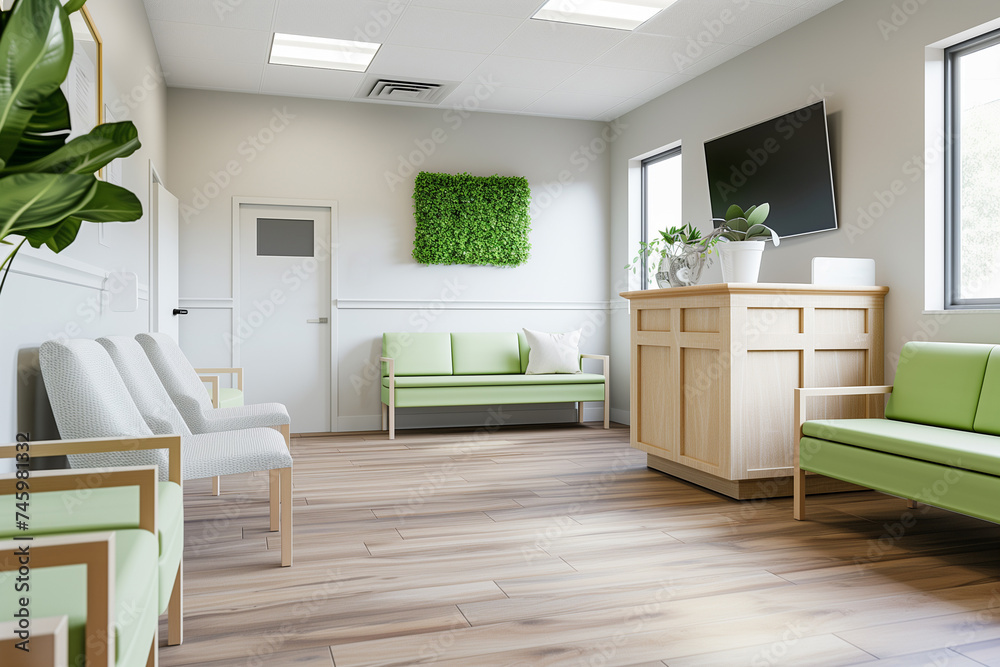 Clean and modern veterinary clinic waiting room with light wood floors, green and white furniture, a plant wall for a touch of nature, and ample natural light.