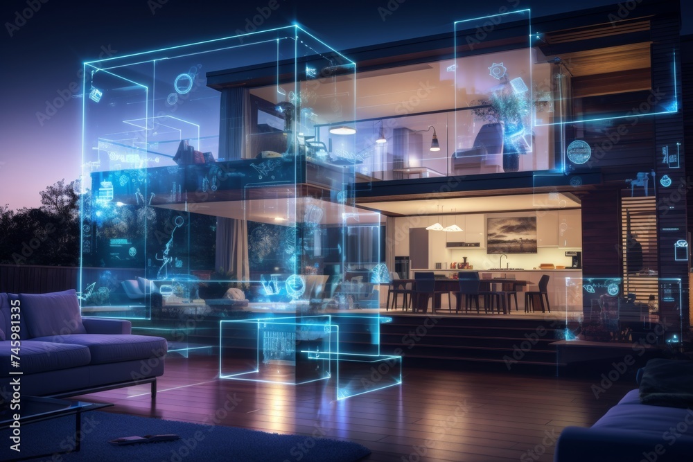 smart home technology with artificial intelligence installed in system. Transparent holographic data screen. 