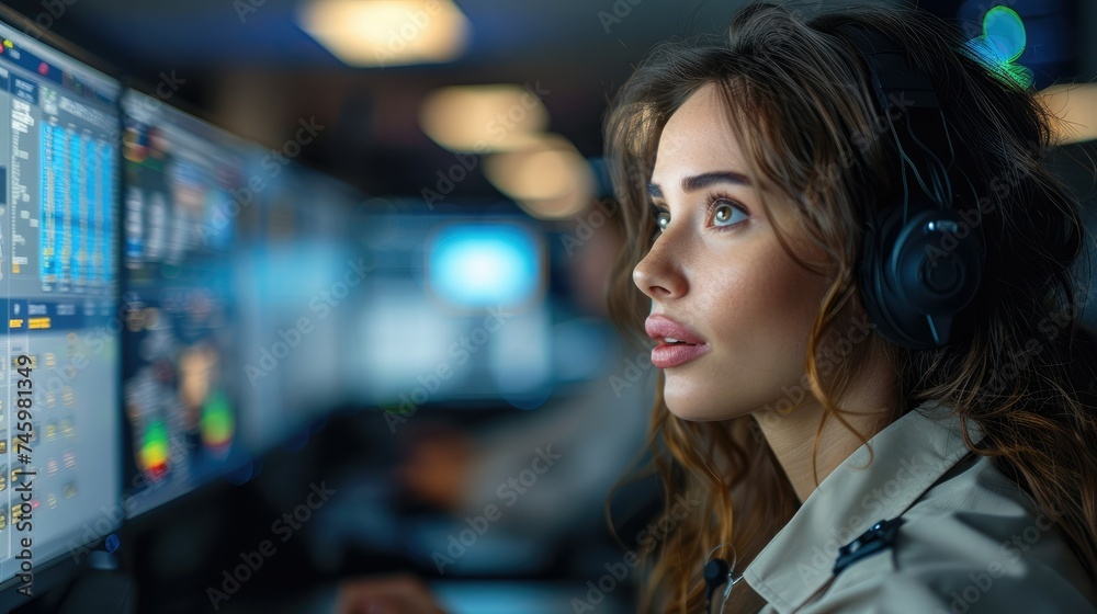 Female police dispatcher working in the office. Generative AI. Female police dispatcher working in the office. Generative AI.