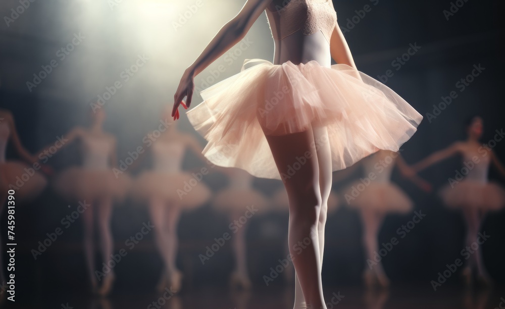 ballet dancer in beautiful dress legs closeup in class during rehearsal