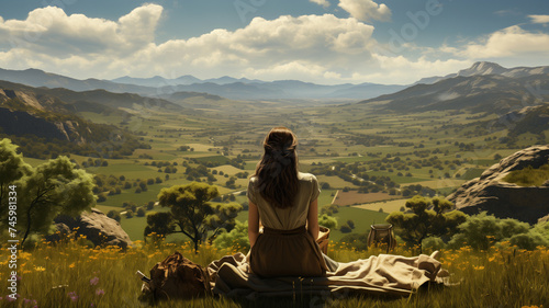 A girl admires a beautiful valley, a picnic on the road and weekend trips along popular routes, a concept for advertising