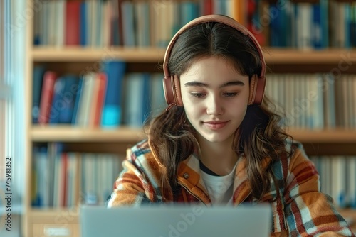 Embracing Digital Education A Latin Young Woman Engages in Virtual Learning, Attending an Online Class via Remote Meeting Amidst a Library Setting