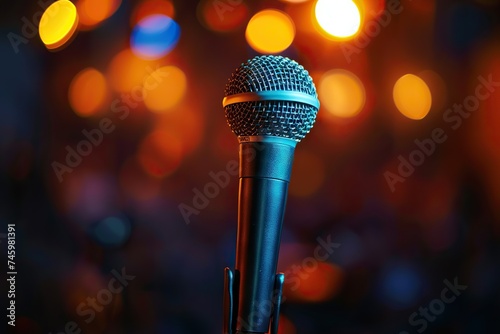 Anticipation of Performance: Close-Up View of an Illuminated Microphone Set Against a Dazzling Background of Colorful Stage Lights