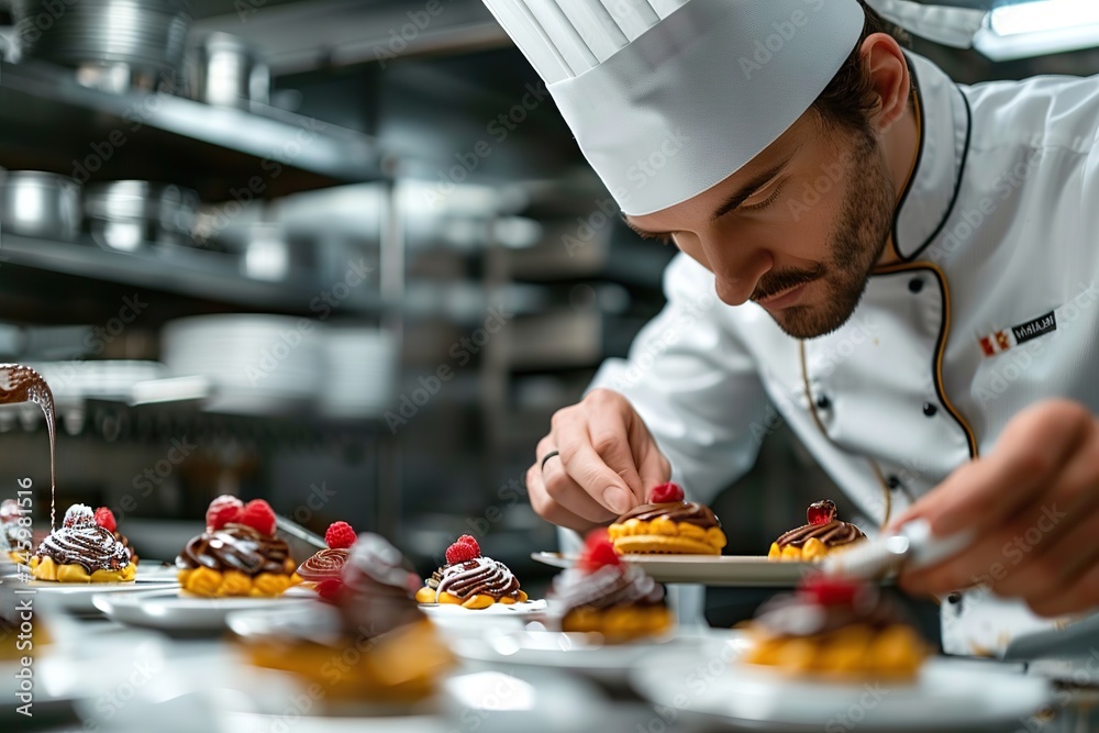 Professional Chef in a Modern Kitchen Skillfully Decorating Delicious Raspberry and Cream Pastries, Capturing the Art of Culinary Excellence. Professional Chef in a Modern Kitchen Skillfully Decorating Delicious Raspberry and Cream Pastries, Capturing the Art of Culinary Excellence.