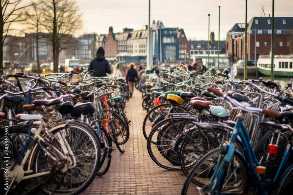 bicycles parked in the street of Amsterdam in autumn. Eco transport. Problem of stealing bikes in Netherlands and Belgium. bicycles parked in the street of Amsterdam in autumn. Eco transport. Problem of stealing bikes in Netherlands and Belgium.