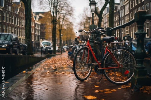 bicycles parked in the street of Amsterdam in autumn. Eco transport. Problem of stealing bikes in Netherlands and Belgium.