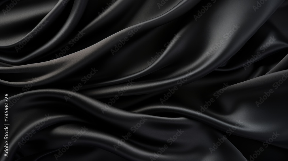 black silk folded fabric texture background. Premium textile drapes  horizontal backdrop.