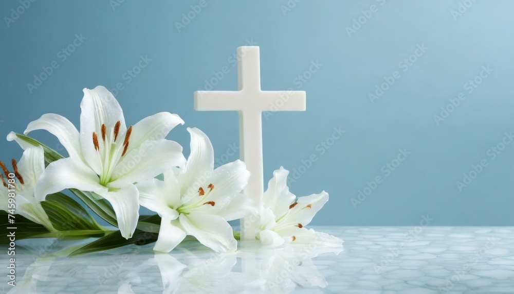 Cross with White Lilies - Background for Christianity - Symbolism for Mourning or Funeral - Crucifixion of Jesus Christ - obrazy, fototapety, plakaty 