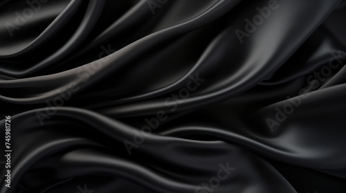 black silk folded fabric texture background. Premium textile drapes horizontal backdrop.