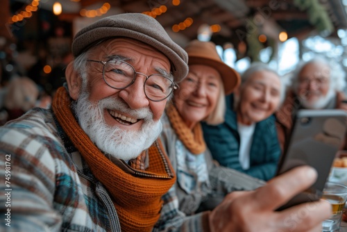 A group of senior friends enjoys taking a selfie together, highlighting friendship and technology adoption