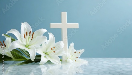 Cross with White Lilies - Background for Christianity - Symbolism for Mourning or Funeral - Crucifixion of Jesus Christ photo