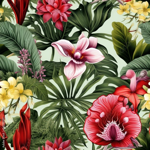 exotic tropical colorful flowers botanical illustration seamless pattern