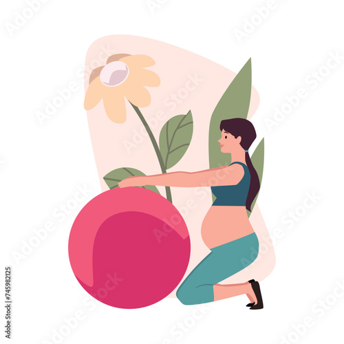 Pregnant woman, fitness ball exercise vector illustration